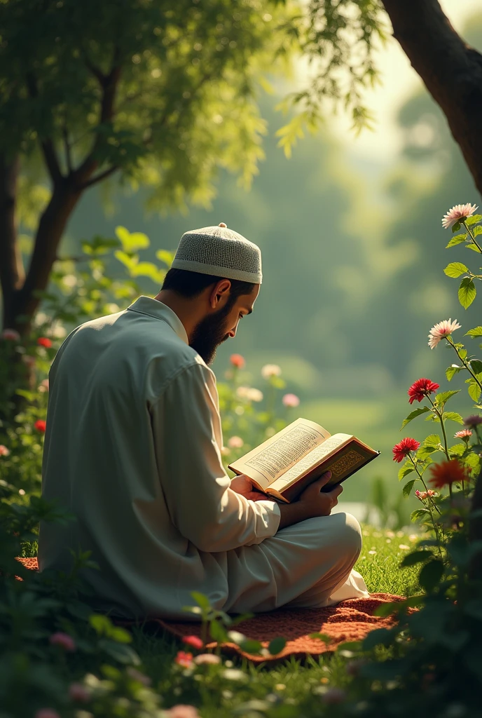 Write"agar son liya to sukoon miliga"with the quran book the book in the garden