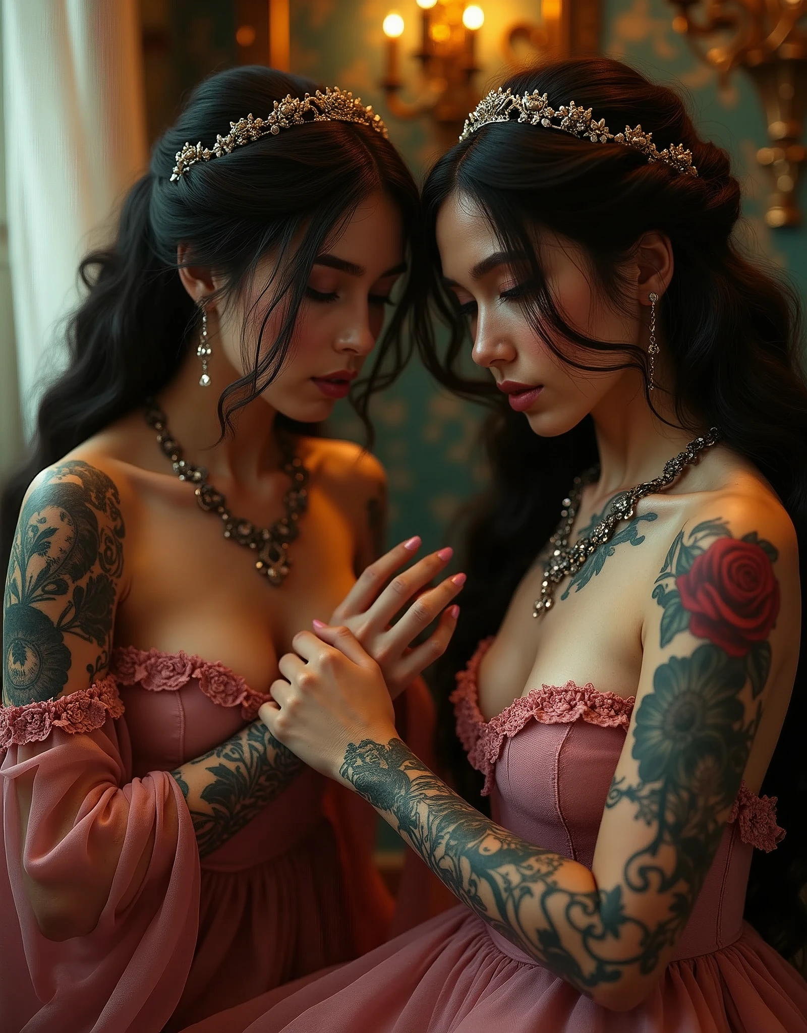 ((tattooed princesses:1.5)), ((elegant gowns)), intricate rose tattoos on arms, princess giving a tattoo, intense focus, ((vintage tattoo parlor setting)), soft golden light with gentle bokeh, ((detailed jewelry:1.3)), flowing hair with delicate highlights, ((realistic skin textures)), ((high detail:1.5)), ((UHD:1.5)), ((8K:1.6)), by ((Greg Rutkowski:1.3)), ((Loish)), ((high quality:1.6)), ((masterpiece:1.6)), BREAK ((intimate close-up shot)), ((soft cinematic lighting)), ((shallow depth of field))