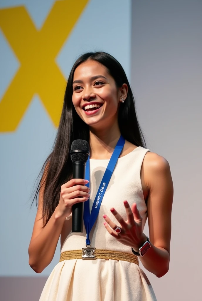 She is wearing a gorgeous dress with a blue strap around her neck and holding a microphone on the "Tedx" stage. She is smiling as she speaks to the audience. Behind her is a white wall with a yellow Google logo painted on it. She has a nice figure. There seems to be some interesting and clever ideas in her eyes. The overall vibe exudes confidence and determination as she shares her knowledge of AI technology with people from all walks of life. In the style of a TEDx talk.18 year old , long and straight black hair, small and slim face, very skinny, pale light skin, wearing dior style sleeveless beautiful white light tweed dress with gold accent,