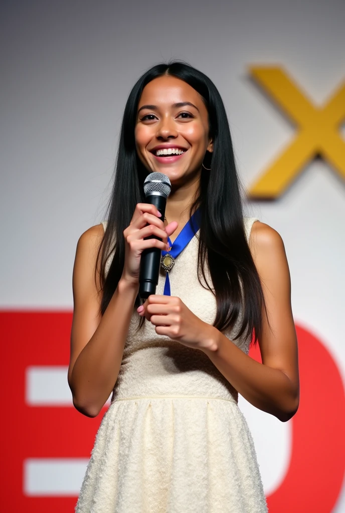 She is wearing a gorgeous dress with a blue strap around her neck and holding a microphone on the "Tedx" stage. She is smiling as she speaks to the audience. Behind her is a white wall with a yellow Google logo painted on it. She has a nice figure. There seems to be some interesting and clever ideas in her eyes. The overall vibe exudes confidence and determination as she shares her knowledge of AI technology with people from all walks of life. In the style of a TEDx talk.18 year old , long and straight black hair, small and slim face, very skinny, pale light skin, wearing dior style sleeveless beautiful white light tweed dress with gold accent, 