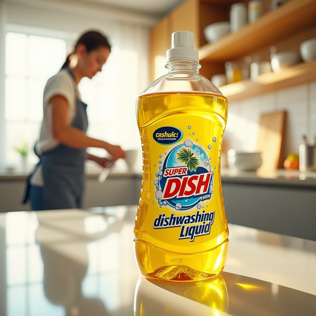 Super wash DISHWASH logo and yellow transparent clear liquid with DISHWASH background and kitchen with lady