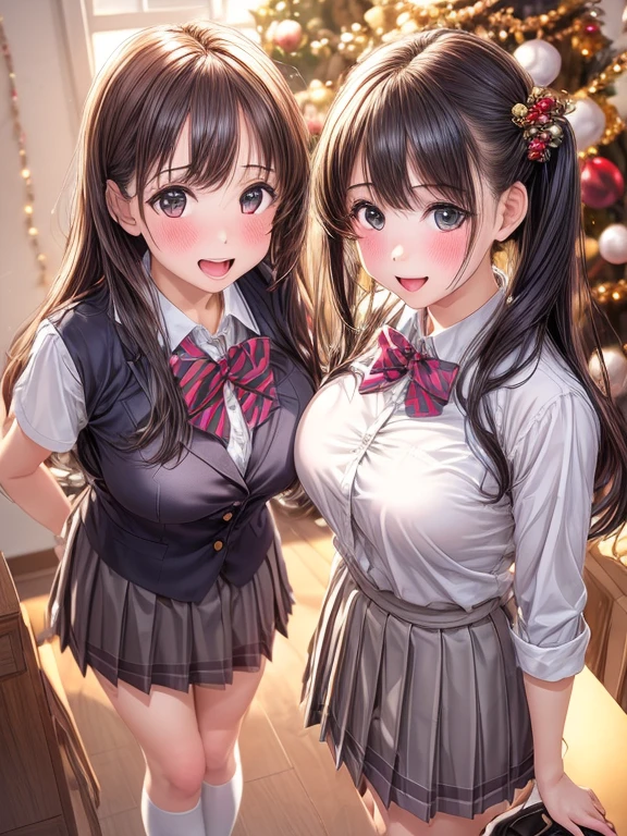 (2girls:1.4), Extremely cute, Amazing face and eyeeautiful lovely smile), (extremely detailed beautiful face), bright and shiny lips, (School uniform, Pleated skirt:1.3), (Best Quality:1.4), (hyper quality), (Ultra-detailed), (Hyper-realistic, Photorealsitic:1.37), Authentic skin texture, intricate-detail, extremely detailed CG unified 8k wallpaper, RAW Photos, professional photograpy, Cinematic lighting, Exposing, Christmas tree, Christmas Ornaments, Christmas Decorations, Christmas Lights, christmas lights,