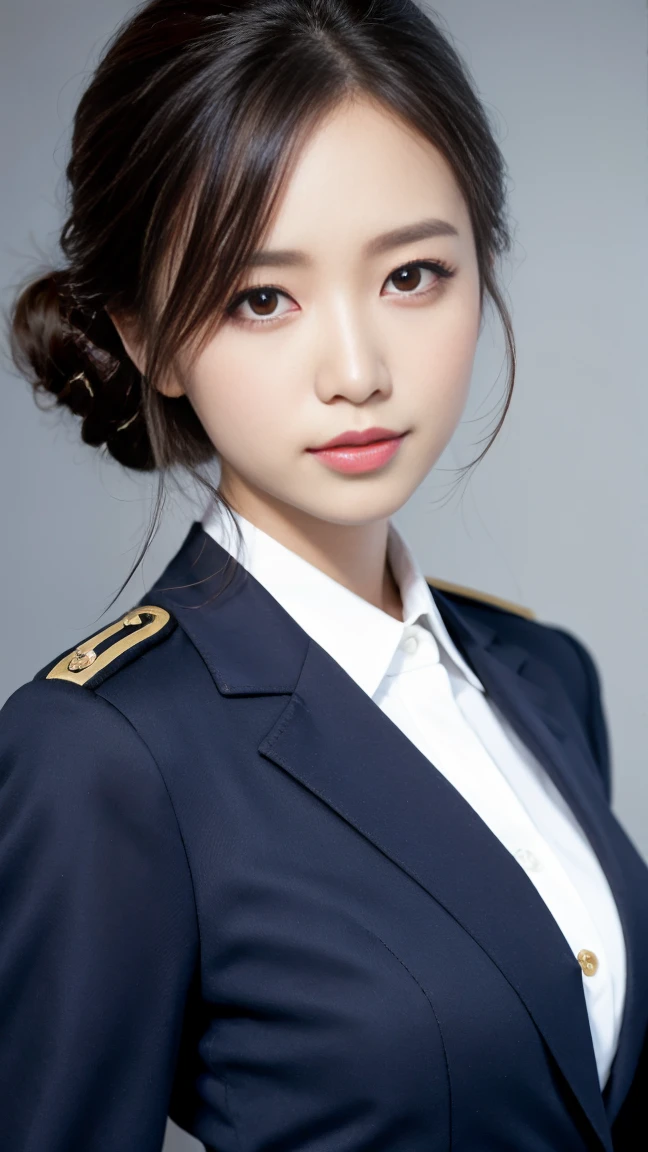 Highest quality, masterpiece, 8k, Ultra-high resolution, (Realistic: 1.4), 1 person, Beautiful Face, Symmetry of the Eyes, big, Perfect Body Proportions, Stewardess Uniform, The viewer&#39;s gaze, (Inside the plane: 1.2), 座席にsit, Tight Skirt, (Absolute area:1.3)、Thighs、((sit))、big breasts、smile、Pursed lips