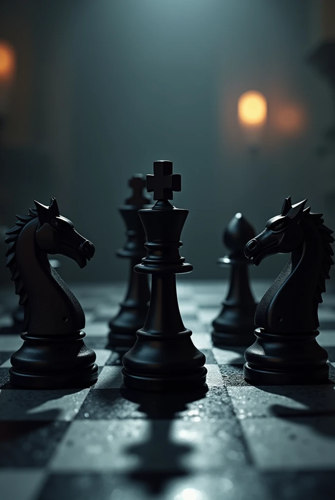 Dark chess image, black pieces, dark background