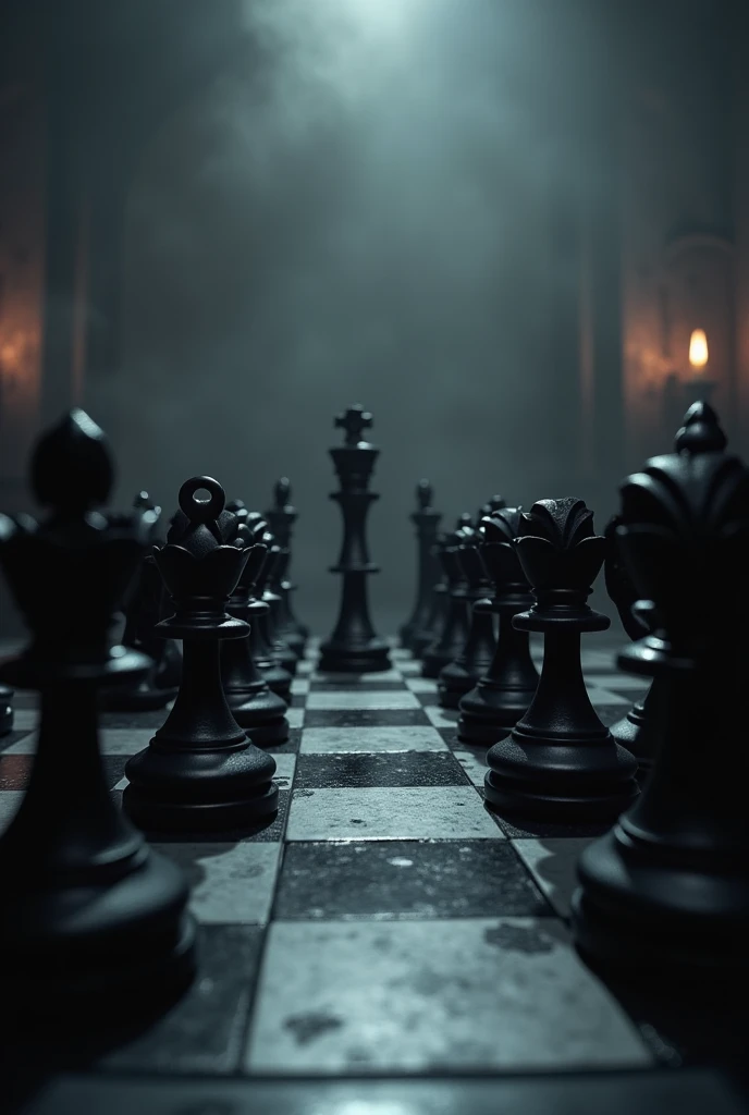 Dark chess image, black pieces, dark background