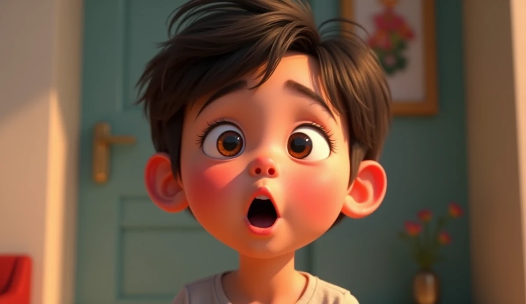 kid facing the camera with a expression surprised, incredulous,
Pixar style