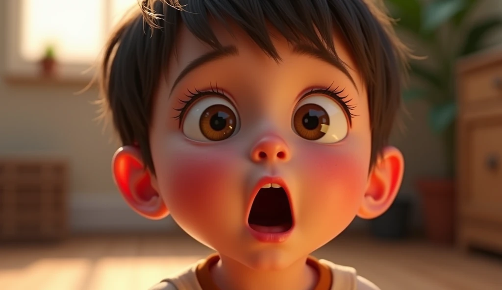 kid facing the camera with a expression surprised, incredulous,
Pixar style
