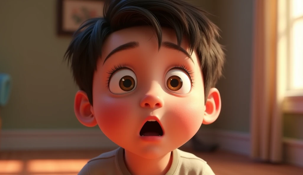 kid facing the camera with a expression surprised, incredulous,
Pixar style