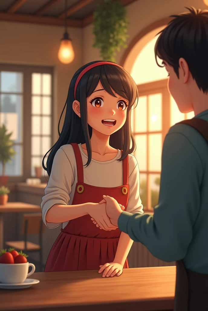 Mousumi, with a mix of excitement and nervousness, shaking hands with the café owner in a café setting.