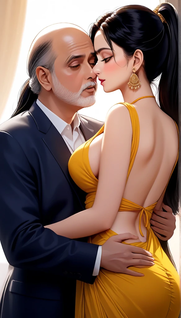 1girl, sridevi kapoor, 28 years old, provocative yellow saree, deep french kissing, sex, ugly bald old man, embracing, big ass, braless, backless, tassel earrings, long hair ponytail, saggy breasts, photorealistic, highly detailed, cinematic lighting, dramatic pose, sensual, erotic, masterpiece, (best quality,4k,8k,highres,masterpiece:1.2),ultra-detailed,(realistic,photorealistic,photo-realistic:1.37)