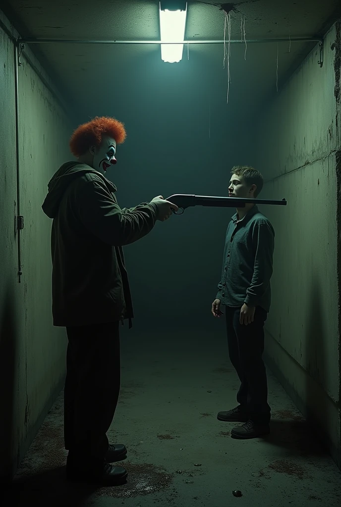 Basement alone with a clown pointing a shotgun at us