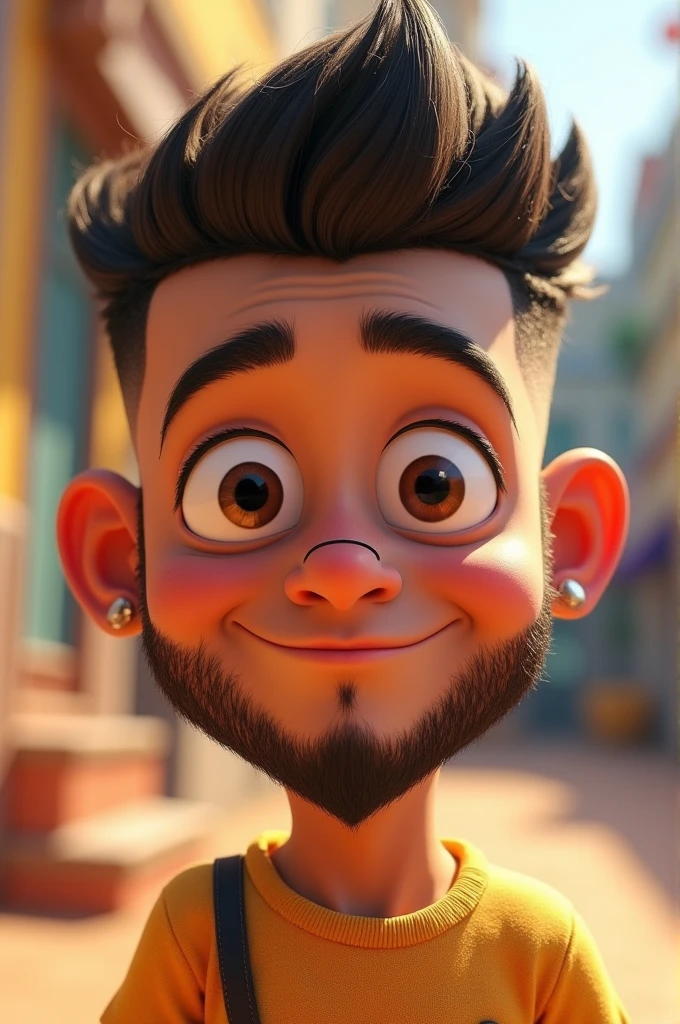 Pixar-style animation of a light-skinned boy with a beard and a tapered haircut, an earring in his ear and a nose piercing