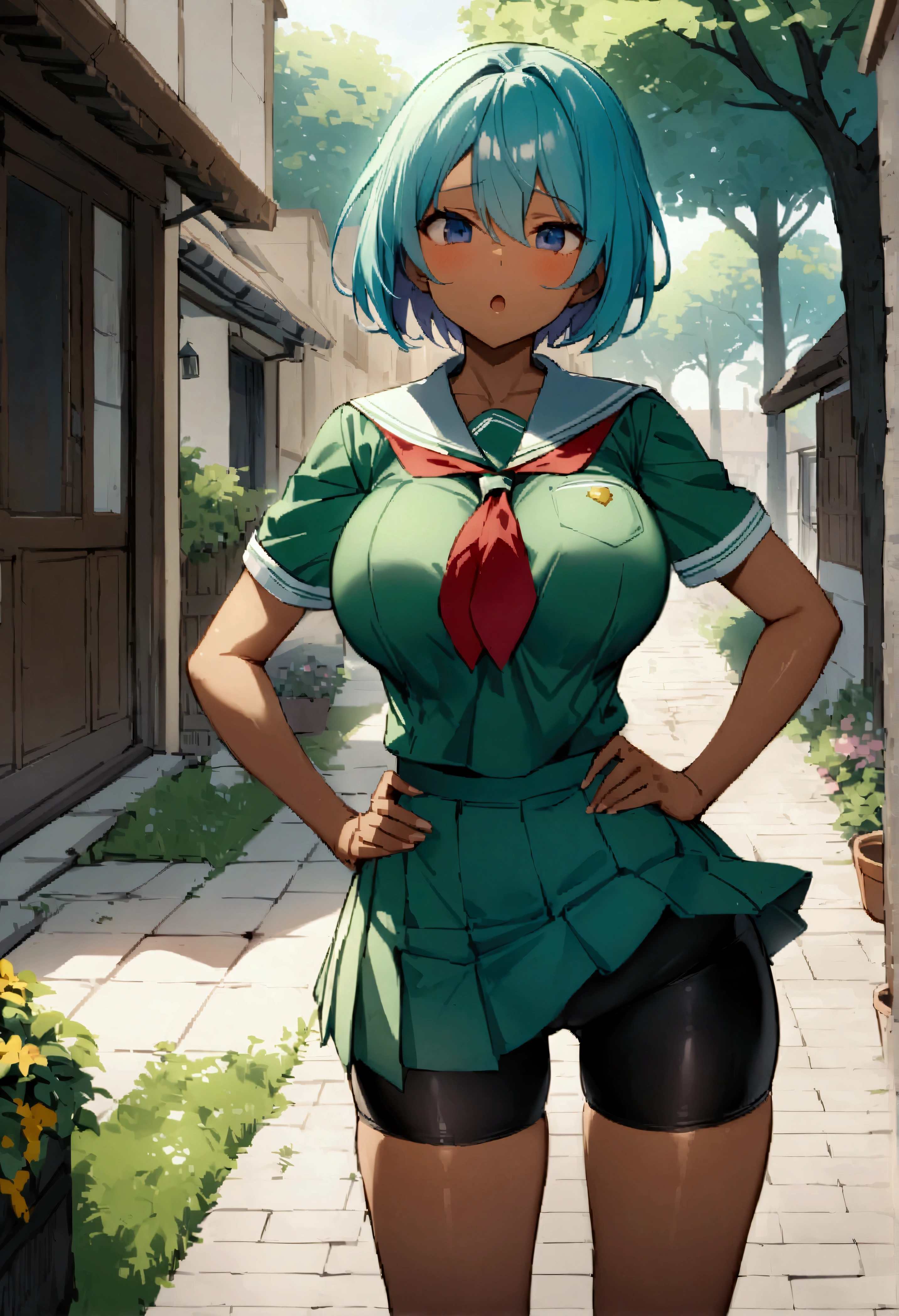 score_9、score_8_up、score_7_up、score_6_up、score_5_up、score_4_up、masterpiece、Highest quality、BREAK、Outdoor、One person、noon、Are standing、Hands on hips、m vote、Dark skinned woman、Large Breasts、School uniforms、Bike Shorts、skirt