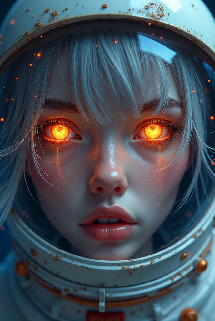 (Close-up of a better masterpiece:1.5)0.9], (Space and astronauts:1.2) (Messy silver hair:1.1) (Heterochromia xanthochromia and blue eyes:1.2) (Space Helmet:1.0) (Colored stars in the eyes:1.0) (A radiant glow:1.1) (thick lips:0.9)