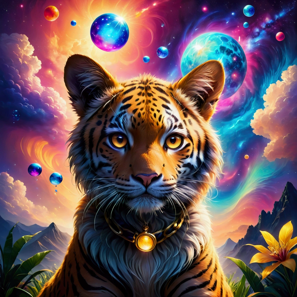 非常に詳細で複雑なデザインを特徴とする高品質な4KマスターピースCG画pictureです。African Savanna，In the center is、picture、、Looking up and smiling々Animals。The eyes are very detailed、The happy expressions on the animals&#39; faces stand out.。Background is in neon pop abstract art style、Finely drawn bubbles flow、It features a slowly moving chain.。overall、Focus on animal well-being and dynamic background elements、It&#39;s a vivid and complex image.。