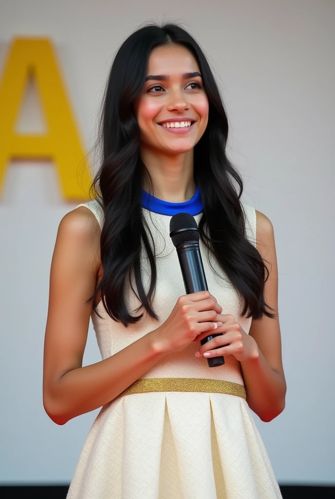 18 year old , long and straight black hair, small and slim face, very skinny, pale light skin, wearing dior style sleeveless beautiful white light tweed dress with gold accent, She is wearing a gorgeous dress with a blue strap around her neck and holding a microphone on the "Tedx" stage. She is smiling as she speaks to the audience. Behind her is a white wall with a yellow Google logo painted on it. She has a nice figure. There seems to be some interesting and clever ideas in her eyes. The overall vibe exudes confidence and determination as she shares her knowledge of AI technology with people from all walks of life. In the style of a TEDx talk.