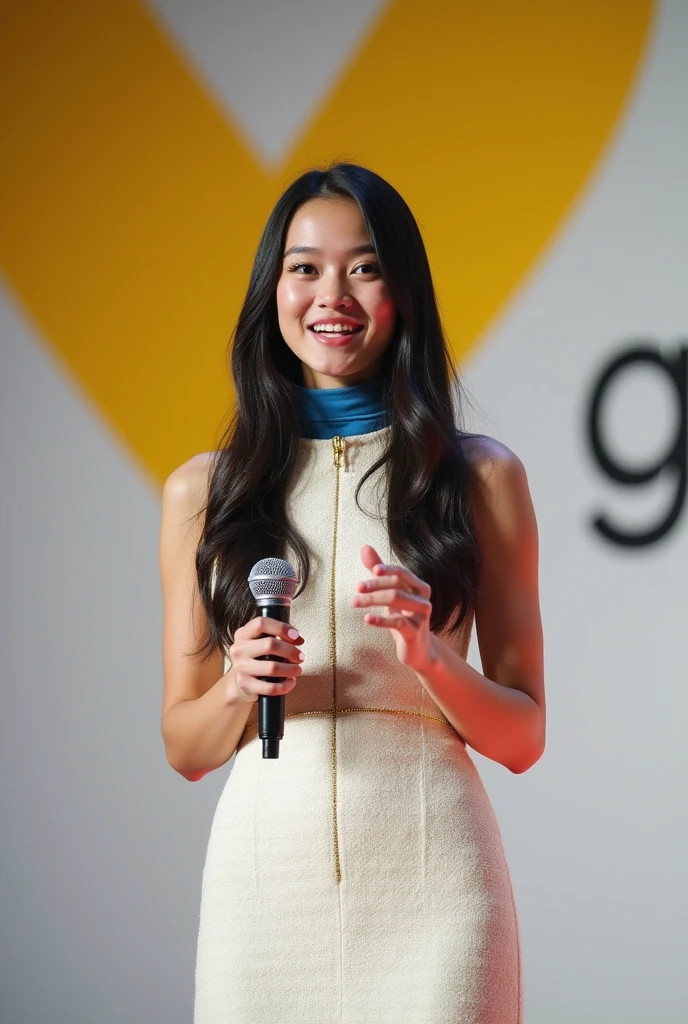 18 year old , long and straight black hair, small and slim face, very skinny, pale light skin, wearing dior style sleeveless beautiful white light tweed dress with gold accent, She is wearing a gorgeous dress with a blue strap around her neck and holding a microphone on the "Tedx" stage. She is smiling as she speaks to the audience. Behind her is a white wall with a yellow Google logo painted on it. She has a nice figure. There seems to be some interesting and clever ideas in her eyes. The overall vibe exudes confidence and determination as she shares her knowledge of AI technology with people from all walks of life. In the style of a TEDx talk.
