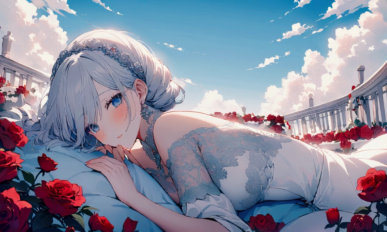 In a romantic atmosphere,Couple cuddling,Stroll through the Sea of Roses,Under the blue sky and white clouds,Feel the romantic theme of Valentine's Day's Day。