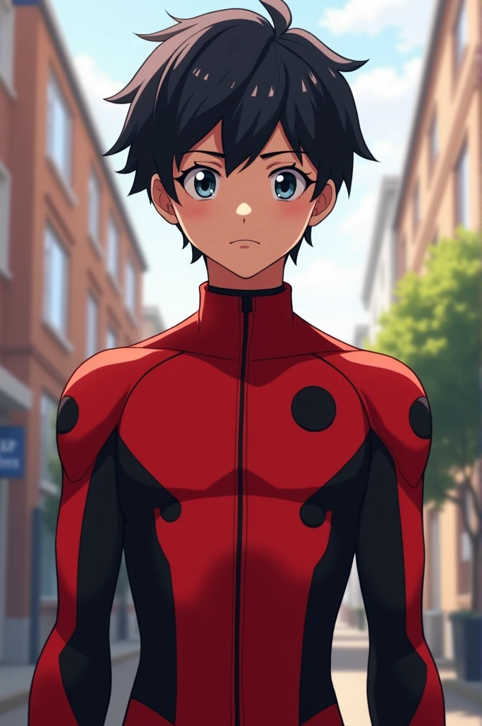 A black haired British male teenager with a slim body and a young face in anime style wearing the red Ladybug costume with black dots, This suit has a modern style and the boy maintains a shy expression , Whole body