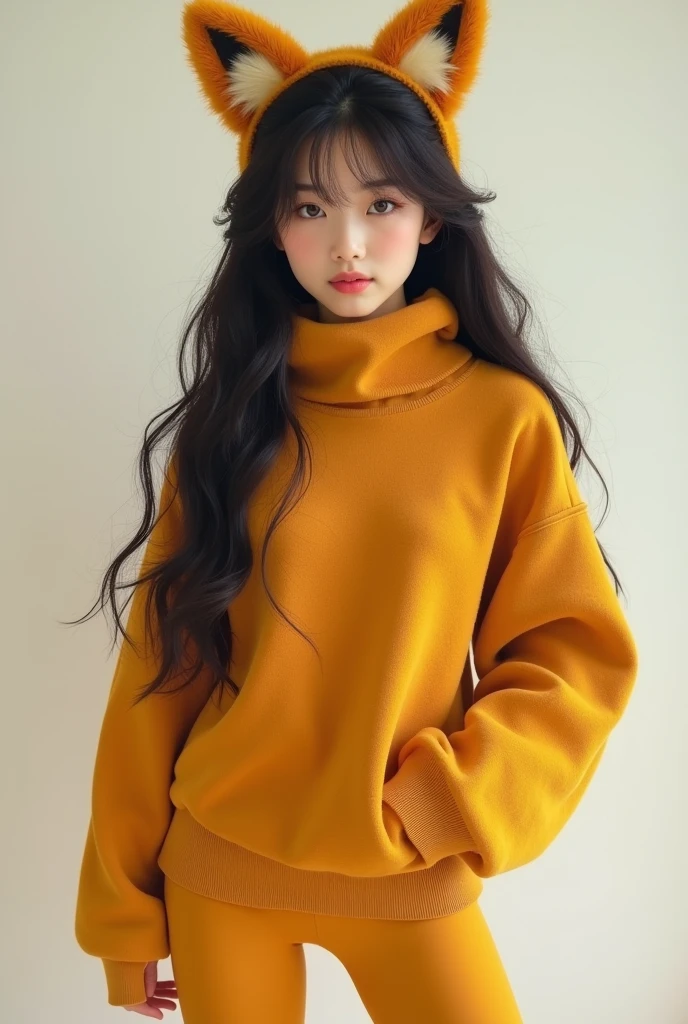 A full-body photo of an 18-year-old Japanese woman dressed as a fox wearing a mustard-colored turtleneck sweater, mustard-colored tights, and fox ears.
