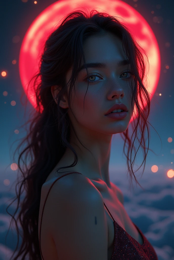 1 girl, beautiful face, ((white eyes)), pose sexy, red moon in the background, stars, space, (light room:1.13), luz outfit, (Natural skin texture:1.2), (hyperrealism:1.2), sharp focus, in focus,[[realist]]