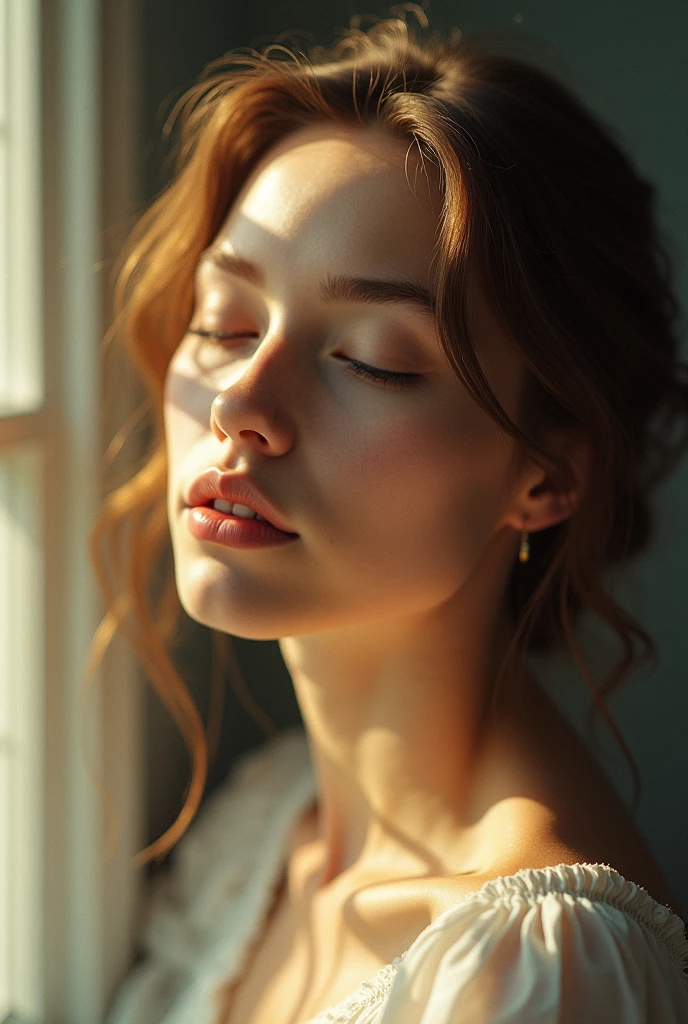 Young woman's face, angelic, tender, innocent, feminine, beautiful and delicate, yellow lighting, blue shadows, the lighting comes from the left, the face is facing and tilted as if she wants to look up, dark blonde hair, white skin, closed eyes, expression of peace, and very saturated colors
