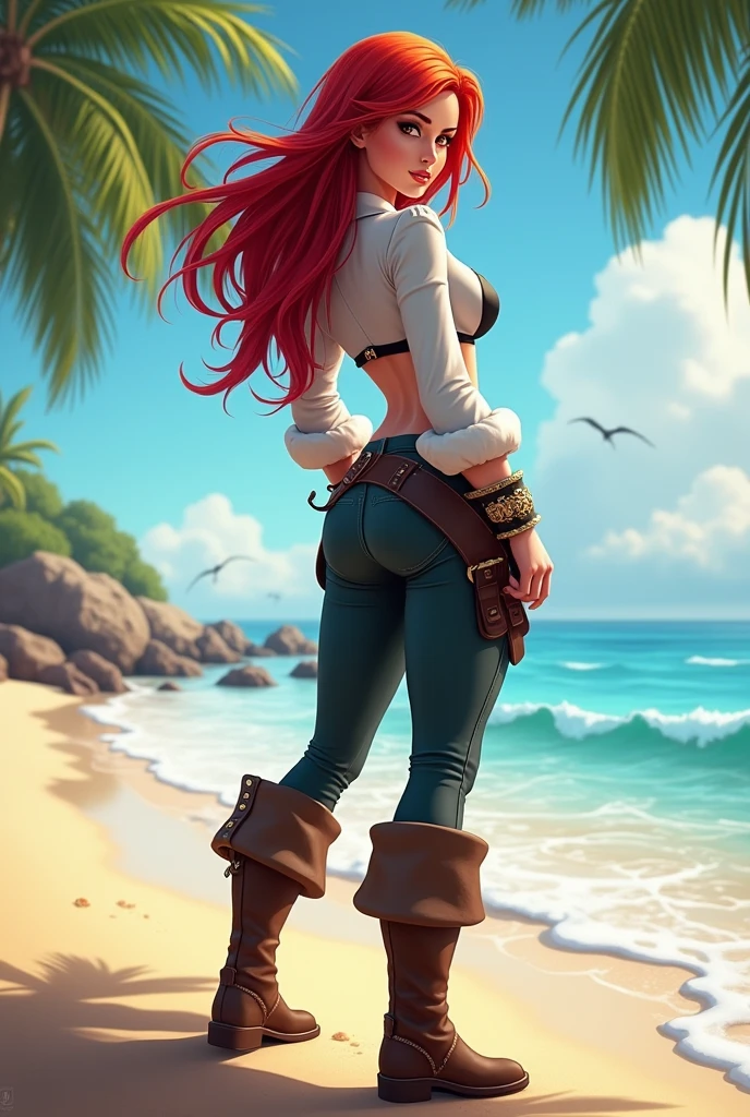 Realistic Miss Fortune on the beach looking back, backwards 
