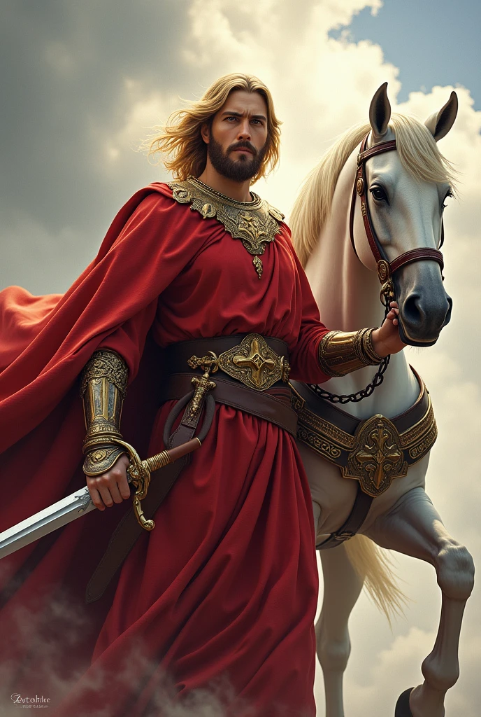 Lord Jesus Christ, blond hair, hairstyle with a middle parting, mushroom cut, short hair, dressed in red with a sharp sword in his hand, looking like a warrior, anger on his face, adult appearance of about 33 years old, standing on the clouds, Whole body, simple sword, with a white horse in war armor at his side, the sword in his hand,  fire Eyes, the horse with war armor, the one they put on little horses when they go to war, angry horse, more clouds, horse near him, sharp sword in his hand, silver sword


