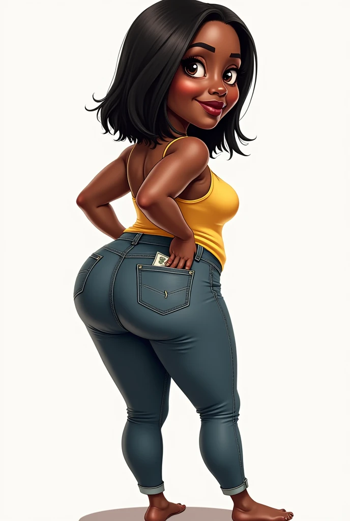 caricature of a THIN Brazilian woman, black woman with short, straight hair down to her shoulders, thin but with a big butt turned a little to the side and with her pants pockets full of money