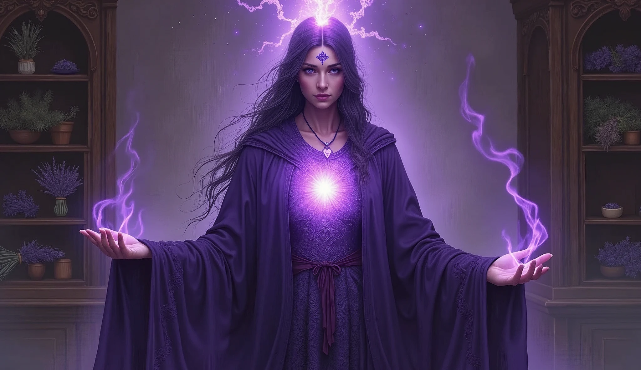 woman with violet priestess cloak, from within your chest and third eye comes a great violet flame, convey depth, in the background a cupboard with various aromatic herbs, Lavender, Rosemon, salvia,