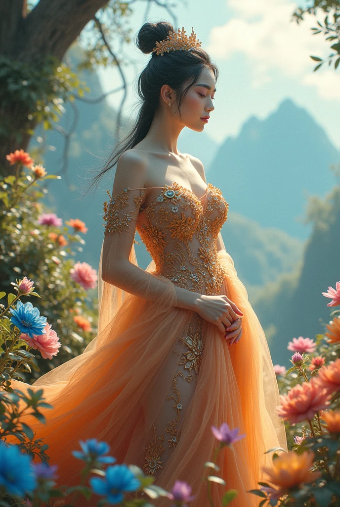 A Vietnamese woman with big breasts, wearing a dress made of flowers, under her feet and behind her is a forest of blooming flowers, with all kinds of flowers in many colors, each flower is blue, red, yellow, green, purple, with sunlight shining through the leaves, on the mountains in the distance are mountains with white clouds swirling around, wearing a gorgeous outfit, gorgeous dress, intricate dress, elegant fire dress, gorgeous and elegant, lavish dress, inspired by Hedi Xandt, gorgeous dress, intricate dress, gorgeous royal dress, gorgeous clothes, gorgeous dress, intricate and elegant, dress with intricate details, gorgeous, high heels, royal dress, detailed hands, Fire in the body, water on the dress, lightning element, fire element, lightning wings, full water, Transparent clothes, masterpiece, best quality: 1.2),, (8k, high resolution, RAW images, realistic, photorealistic: 1.3), (detailed skin texture, detailed cloth texture, detailed water, detailed trees, detailed textured flowers, detailed leaves, detailed colors, beautifully detailed faces: 1.25), professional lighting, photon mapping, beautiful soft lighting, brightness, physically based rendering, ray tracing, model shooting style, model shooting style, (Unity's super detailed 8k CG backgrounds), the world's most beautiful full body artwork, similar face https://photos.google.com/photo/AF1QipMr73g5fIzFk5WUNwuyjxhunUF2mCxsGUsVK1nb