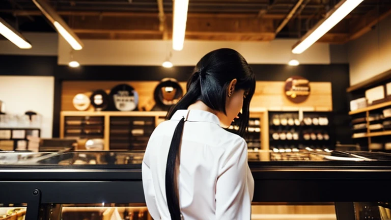 The back view of a stylish adult woman with black hair tied back, wearing a white blouse and black apron, standing and cleaning in an electric guitar shop（The face is in profile）Realistic illustration of