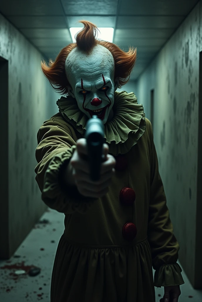 Large basement with a clown pointing a gun at us