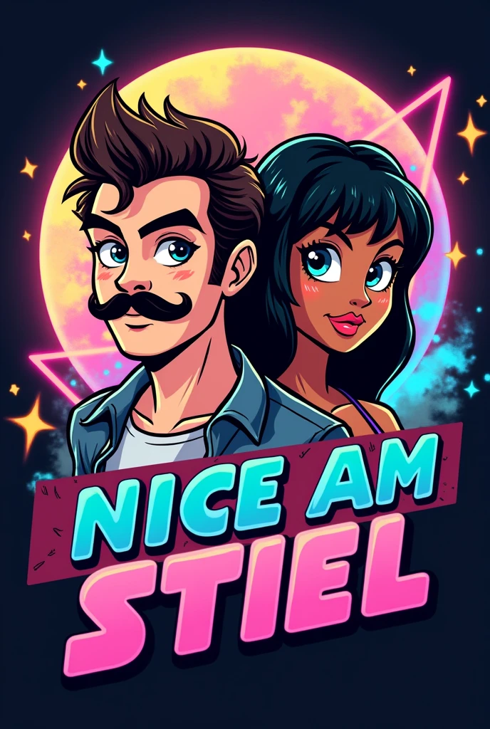 RANDY and COREY need a significant logo for a YouTube channel which contains topics like movies, action figures, cosplays, video games and pop culture. the name of channel is NICE AM STIEL which is a german pun for a popsicle which means EIS AM STIEL in german. please visualize a proper logo with the likeness of a popsicle and everything I mentioned in the description. Be sure that the logo looks like two 80's characters like the main protagonists from MIAMI VICE - made them out of popsicle, one Male has a mustache, a Mullet and a light skin tone and the other Male has slightly longer black hair and a brown skin tone but most importantly the Logo as to feature the name NICE AM STIEL put the Names "Randy Paradise & Corey Walkman" above that characters be sure that the characters ar two males and DO NOT miss out the popsicle theme