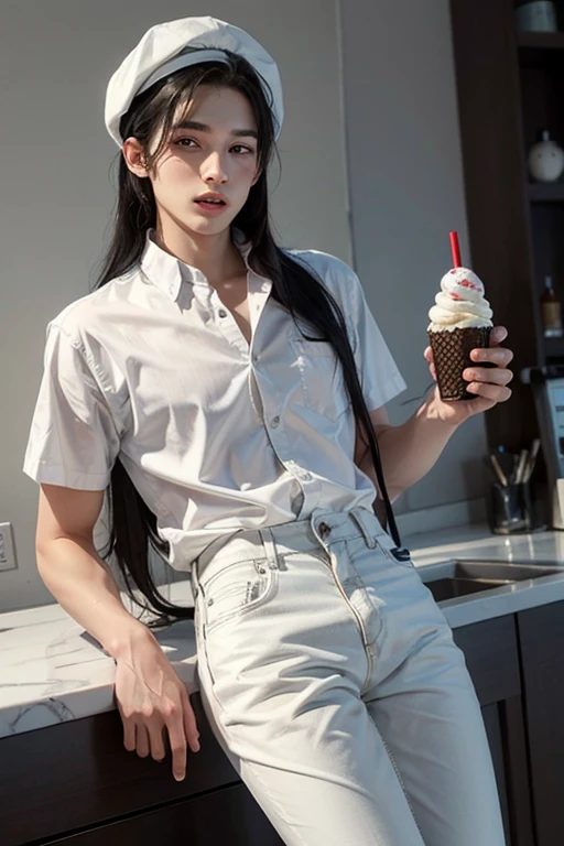 A young Russian boy of 18 years old, too attractive as a model with long black hair. He has red eyes and pale white skin.. He wears a white button-down shirt., white denim pants, and a black apron with ice cream details. Complete the look with a white cap and men's dress shoes..
