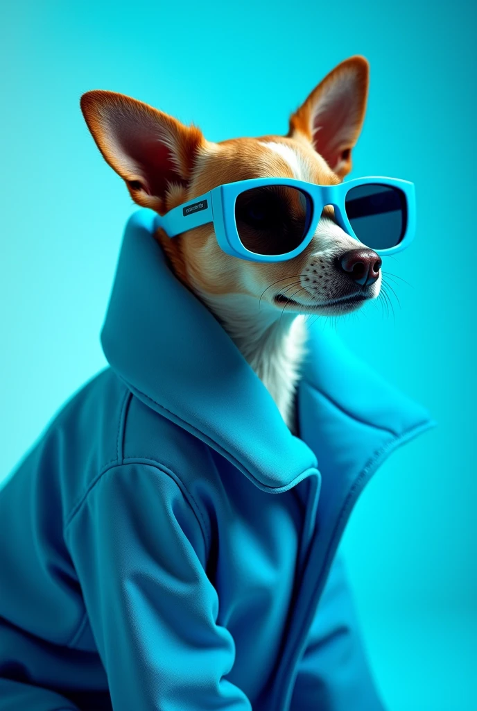 The best cell phone wallpaper, Award-Winning Wallpaper, portrait photography, In the front view is a portrait of a cute dog wearing mid-1960s space age fashion, Side view photo, Shot with Canon EOS R5, Set a strong contrast that accentuates the subject, Fluorescent blue tone, Wearing a very modern coat and sunglasses is a modern 1960s style, Clothes all in one color, beautiful background