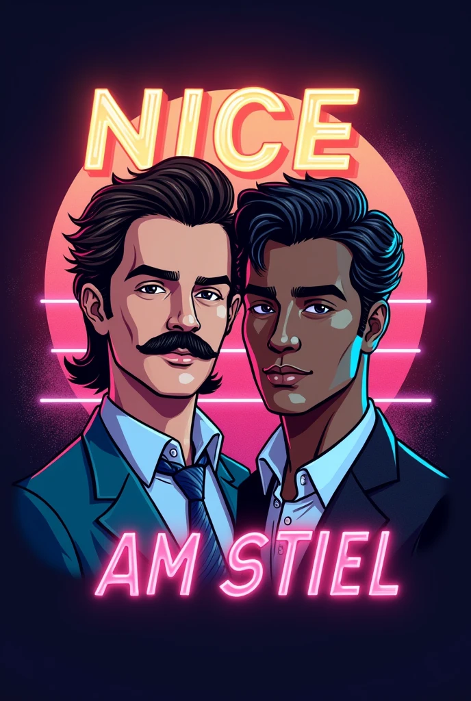 I need a significant logo for a YouTube channel which contains topics like movies, action figures, cosplays, video games and pop culture. the name of channel is NICE AM STIEL which is a german pun for a popsicle which means EIS AM STIEL in german. please visualize a proper logo with the likeness of a popsicle and everything I mentioned in the description. Be sure that the logo looks like two 80's characters like the main protagonists from MIAMI VICE - made them out of popsicle, one Male has a mustache, a Mullet and a light skin tone and the other Male has slightly longer black hair and a brown skin tone but most importantly the Logo as to feature the name NICE AM STIEL put the Names "Randy Paradise & Corey Walkman" above that characters be sure that the characters ar two males and DO NOT miss out the popsicle theme