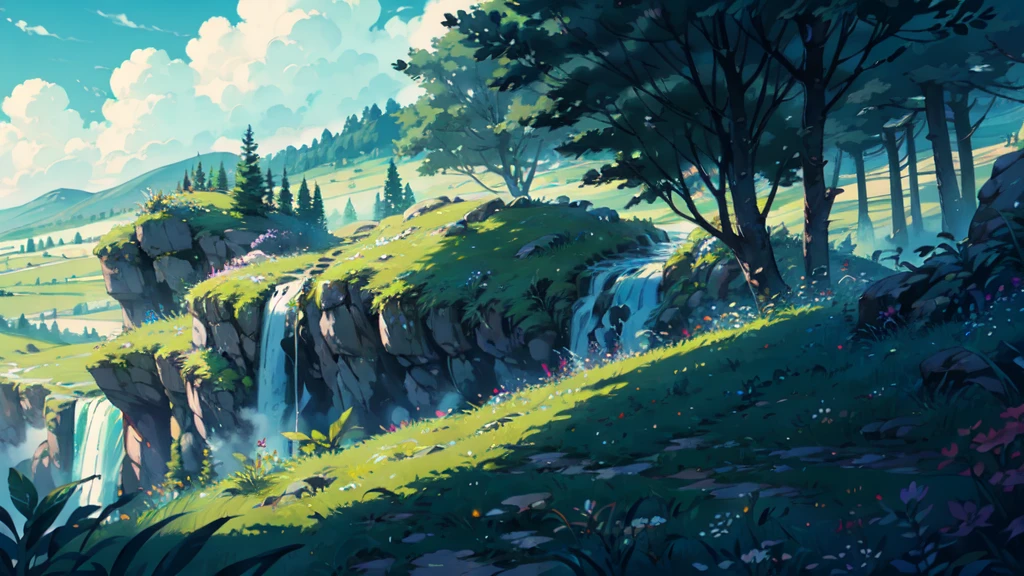 This captivating image evokes a sense of peace and tranquility in nature. The picture is full of endless tranquil scenery. Rolling mountain tops, Lush green plants embellishment, The waterfall flows slowly towards the horizon covered in various pastel hues. The soft sunlight bathes the entire scene, radiates a warm,Infiltrate the tranquil atmosphere. The focal point of the image is a lone tree, Its branches reach upward toward the sky. The leaves sway gently in the breeze, The whispering melody created. As if responding, Birds resting on branches nearby, Their stillness reflects the calmness of their surroundings. This photo captures a moment in time, Immerse the audience in the tranquility of nature,Immerse yourself in the embrace of tranquility.