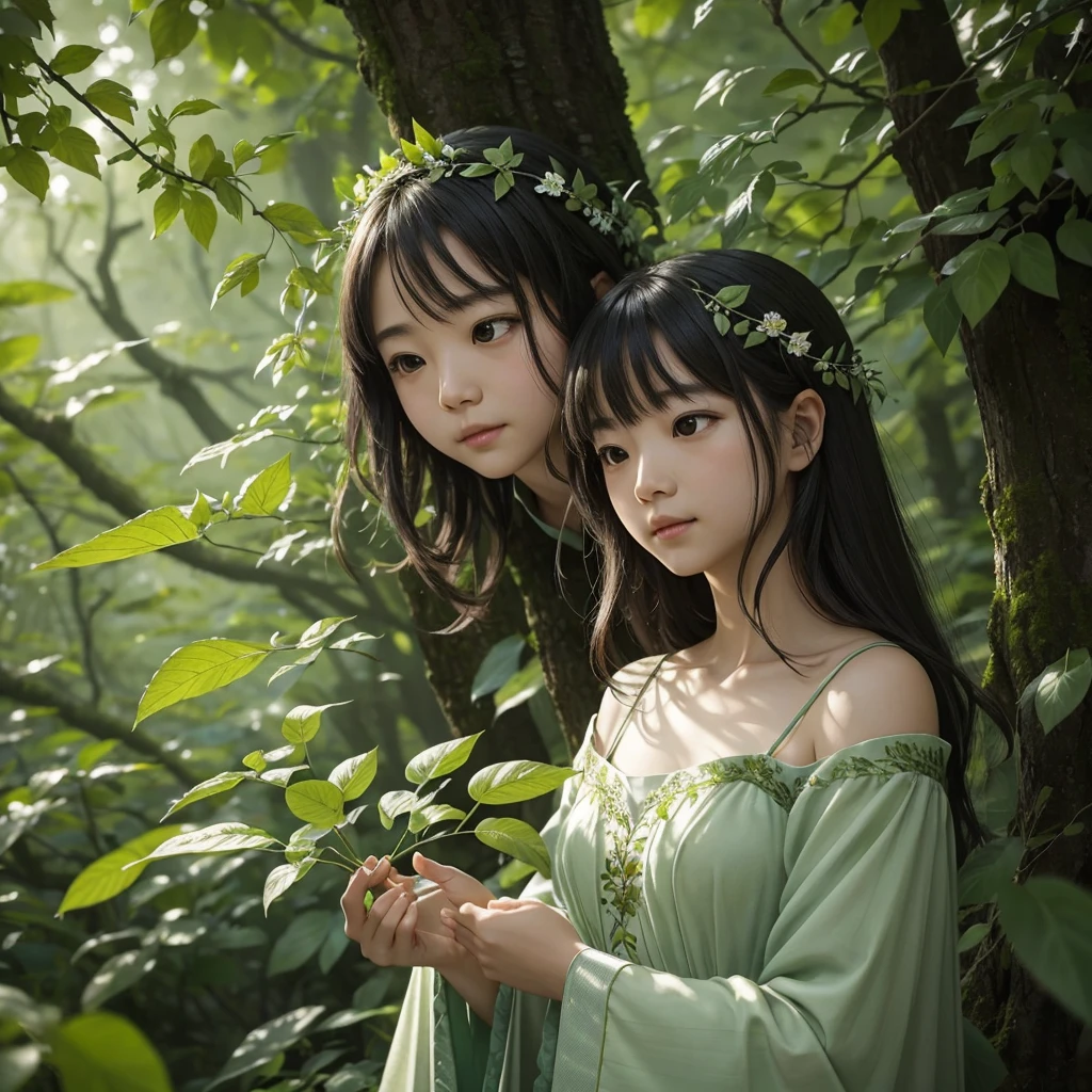 「Leaf fairies gently touching trees and plants、Scenes where nature reacts。When she touches the leaves、The flowers bloom vividly、The leaves begin to rustle as if stirred by a gentle breeze.。The magical interplay between fairies and the natural world is emphasized.、The environment visibly responds to her touch。The background is a rich green.、Focus on blooming flowers and swaying leaves that react to the presence of fairies。」