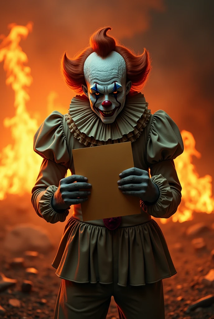 clown with letter and fire behind