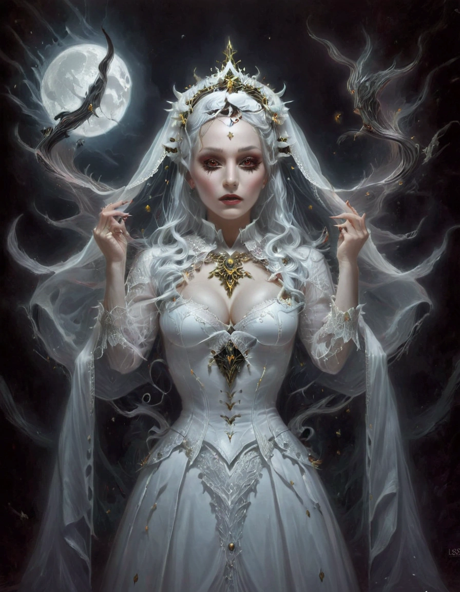 a woman in a white dress with a veil and a white dress, gothic fantasy art, gothic maiden, dark fantasy style art, fantasy dark art, dark fantasy art, beautiful necromancer, gothic wraith maiden, gothic maiden of the dark, beautiful elegant demon queen, lori earley, in style of dark fantasy art, loish and wlop