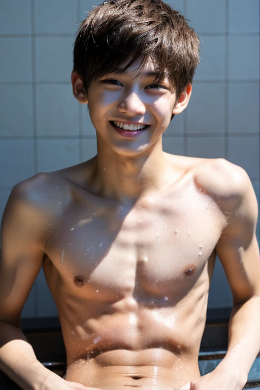 high resolution, realistic, A hyper-realistic, boy, Edgy Ulzzang boy, gorgeous boy face, smiling, showing dominance, skinny body, shirtless, male, fair skin, sweating wet, armpit,full body.