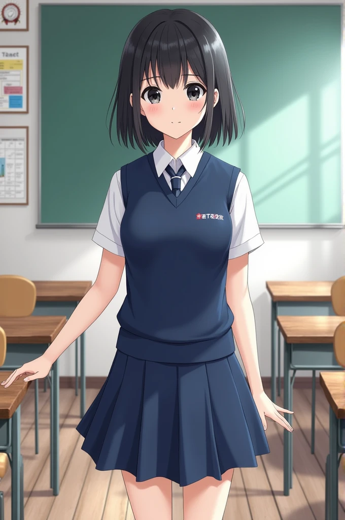 A girl with shoulder-length black hair, black eyes, . She wore a white shirt, a blue uniform vest, and a blue short skirt; in classroom