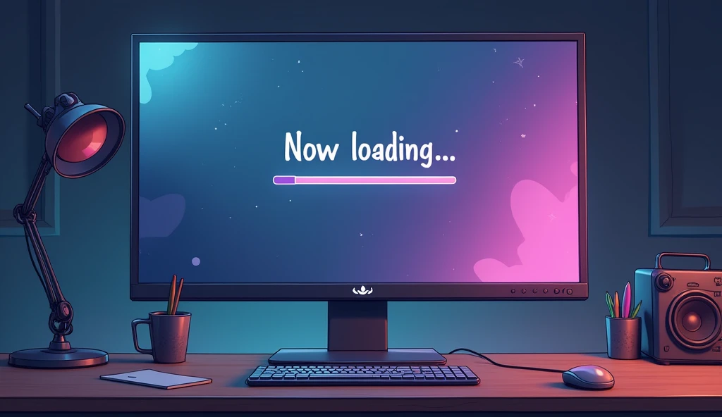 Wide Mac computer monitor,「Now loading...」Character,27%Loading bar,Loading screen,At the bottom right corner, click「UP LOAD」button, mouse pointer,Anime Style, Shooting from the side