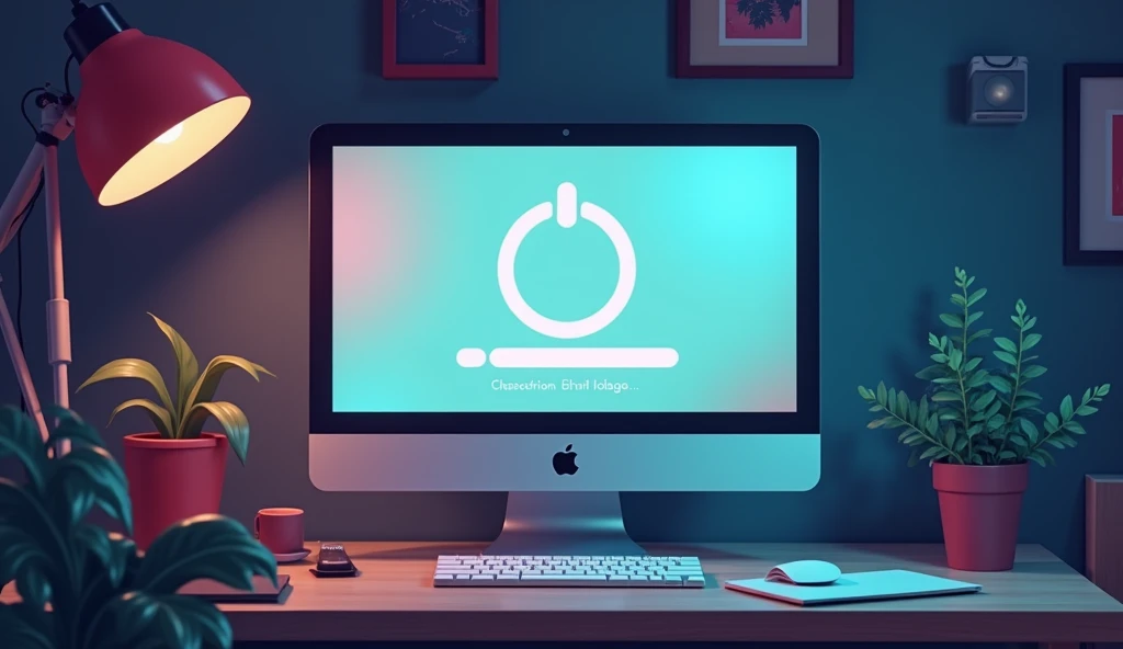 Wide Mac computer monitor,「Now loading...」Character,27%Loading bar,Loading screen,At the bottom right corner, click「UP LOAD」button, mouse pointer,Anime Style, Shooting from the side
