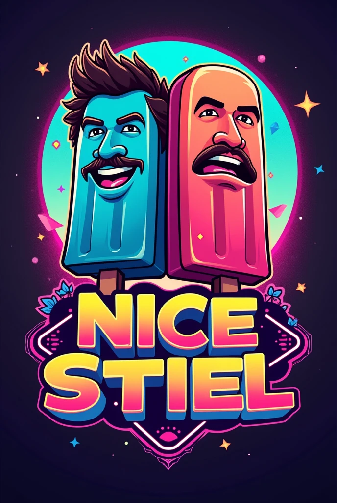I need a significant logo for a YouTube channel which contains topics like movies, action figures, cosplays, video games and pop culture. the name of channel is NICE AM STIEL which is a german pun for a popsicle which means EIS AM STIEL in german. please visualize a proper logo with the likeness of a popsicle and everything I mentioned in the description. Be sure that the logo looks like two 80's characters like the main protagonists from MIAMI VICE - made them out of popsicle, one Male has a mustache, a Mullet and a light skin tone and the other Male has slightly longer black hair and a brown skin tone but most importantly the Logo as to feature the name NICE AM STIEL put the Names "Randy Paradise & Corey Walkman" above that characters be sure that the characters ar two males and DO NOT miss out the popsicle theme