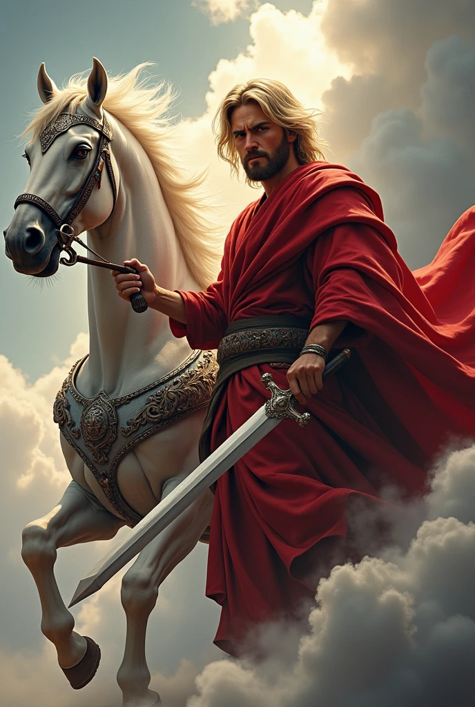Lord Jesus Christ, blond hair, hairstyle with a middle parting, mushroom cut, short hair, dressed in red with a sharp sword in his hand, looking like a warrior, anger on his face, adult appearance of about 33 years old, standing on the clouds, Whole body, simple sword, with a white horse in war armor at his side, the sword in his hand, fire Eyes, the horse with war armor, the one they put on little horses when they go to war, angry horse, more clouds, horse near him, sharp sword in his hand, silver sword armor for the horse, the sword taken by the handle,