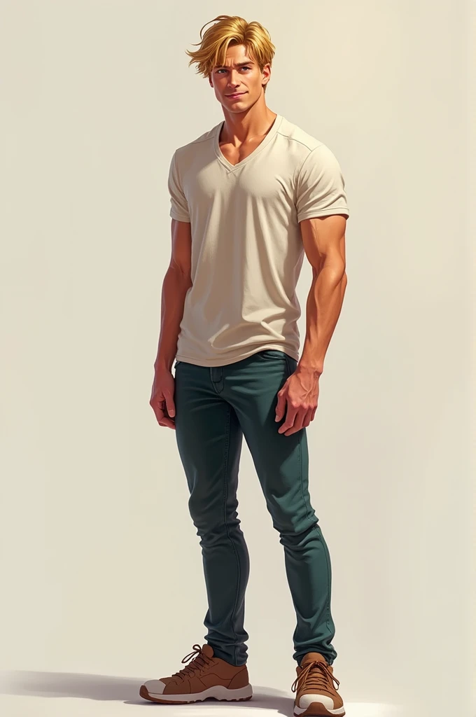 To effectively represent Jake in the image, here is a detailed description:

1. **hair**: blondes, It can be a little disheveled or with a modern style.
2. **eyes**: brown, which denote confidence and charisma.
3. **Height**: high, approximately 6,9 pies (2,06 meters). Make sure their height is noticeable in comparison to other characters or elements in the image..
4. **body**: muscular, but not excessively large. It should reflect an athletic and fit figure..

You could use these details to create a digital illustration., a drawing or avatar that accurately represents Jake. Do you need any other help with the image or presentation??