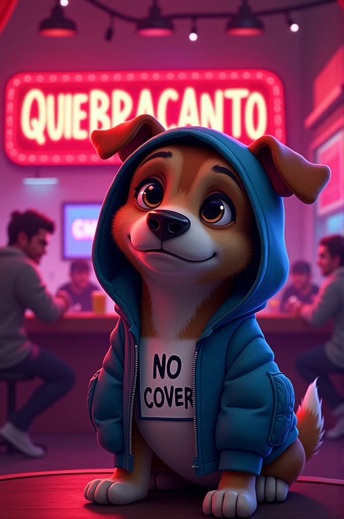 Create a cartoon style dog in a bar with a hooded jacket that says no cover that is in a nightclub and behind it there is a sign that says QUIEBRACANTO in neon red