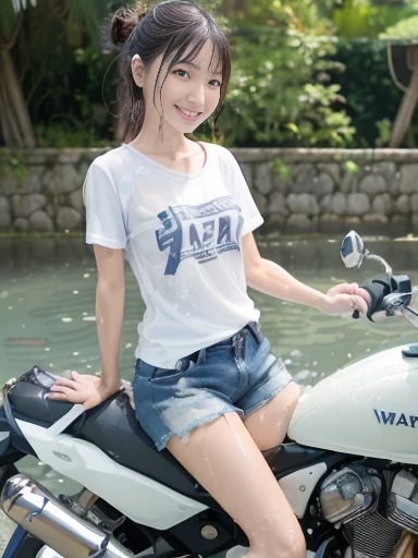Japanese female, (underweight), (flat chest best quality:1.5), 30 years old, (cheerful grin:1.3),
architectural photograph, (motorcycle), water texture, (washing a motorcycle:1.3), bun hair, (white t-shirt), (shorts), (My white T-shirt is wet and my skin is transparent:1.3), Japanese, full body shot, ground-level shot